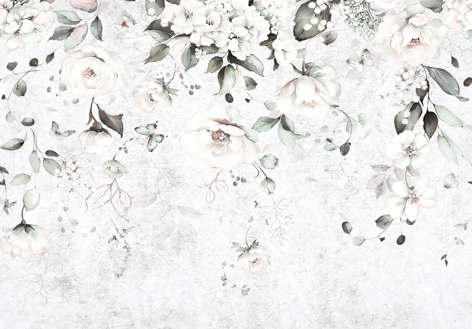 Нежен фототапет с бели цветя и акварелен ефект