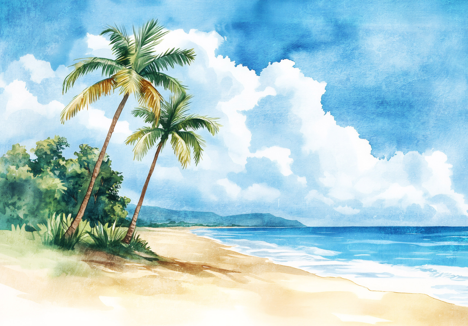 Фототапет Акварелен морски пейзаж с палми и синьо небе