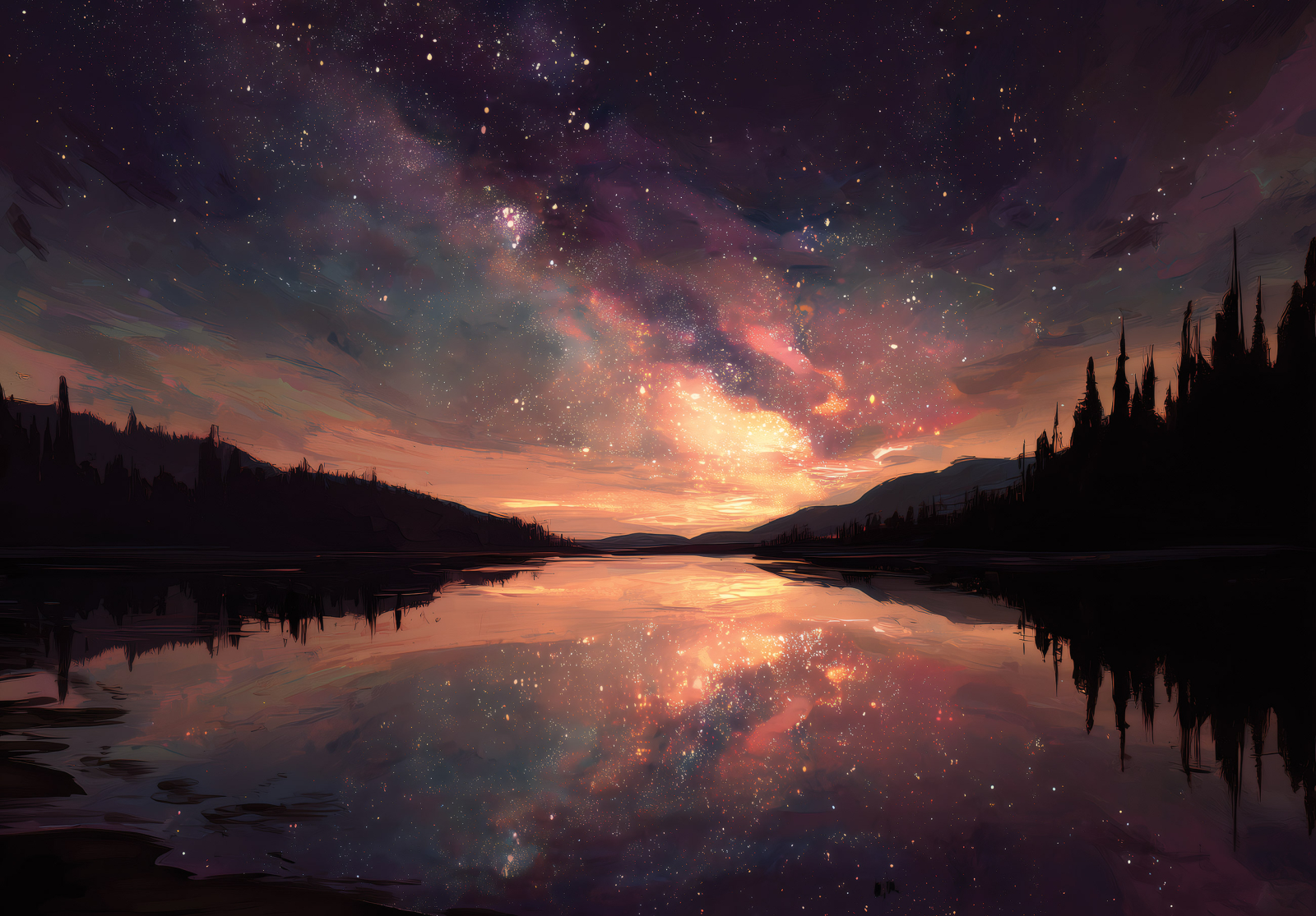 Фототапет Магическо звездно небе над тихо езеро