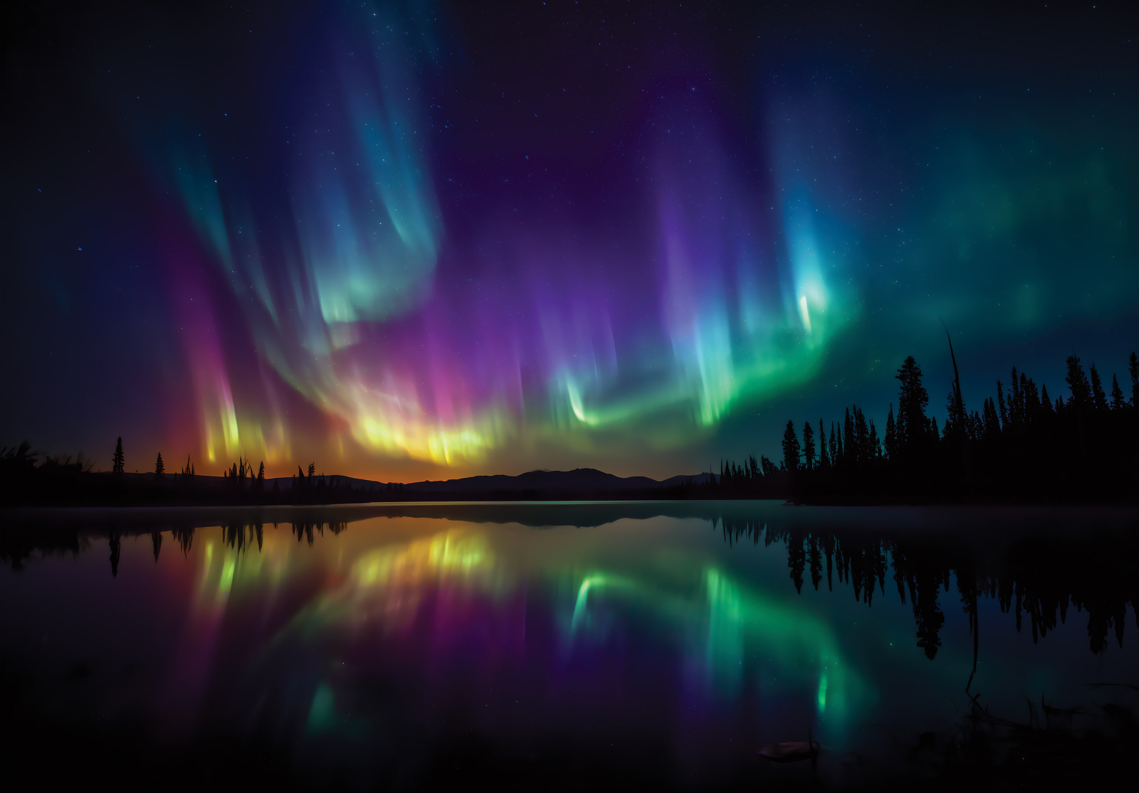 Фототапет Северно сияние над езеро – цветна нощна магия