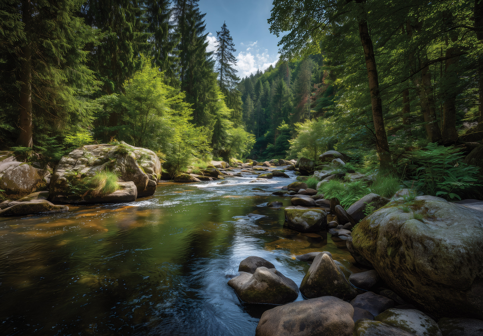 Фототапет Планински поток в зелена гора – свежест и естествена хармония