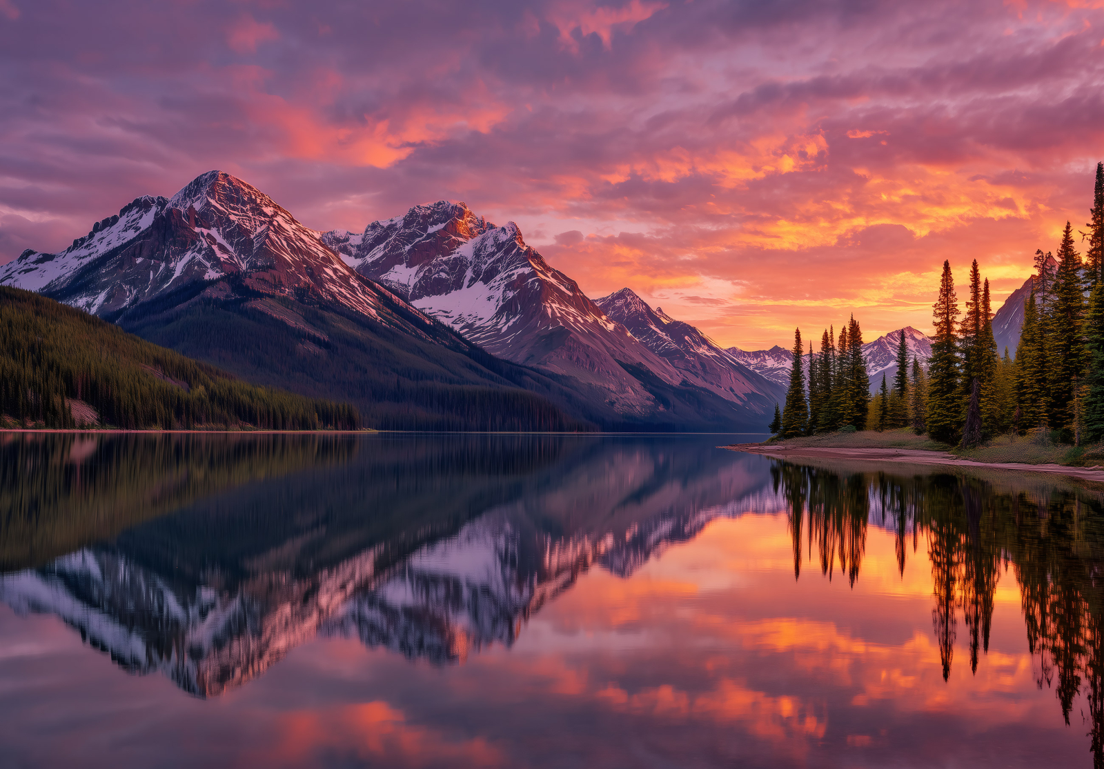 Фототапет Планинско езеро при залез – огледална вода и драматично небе
