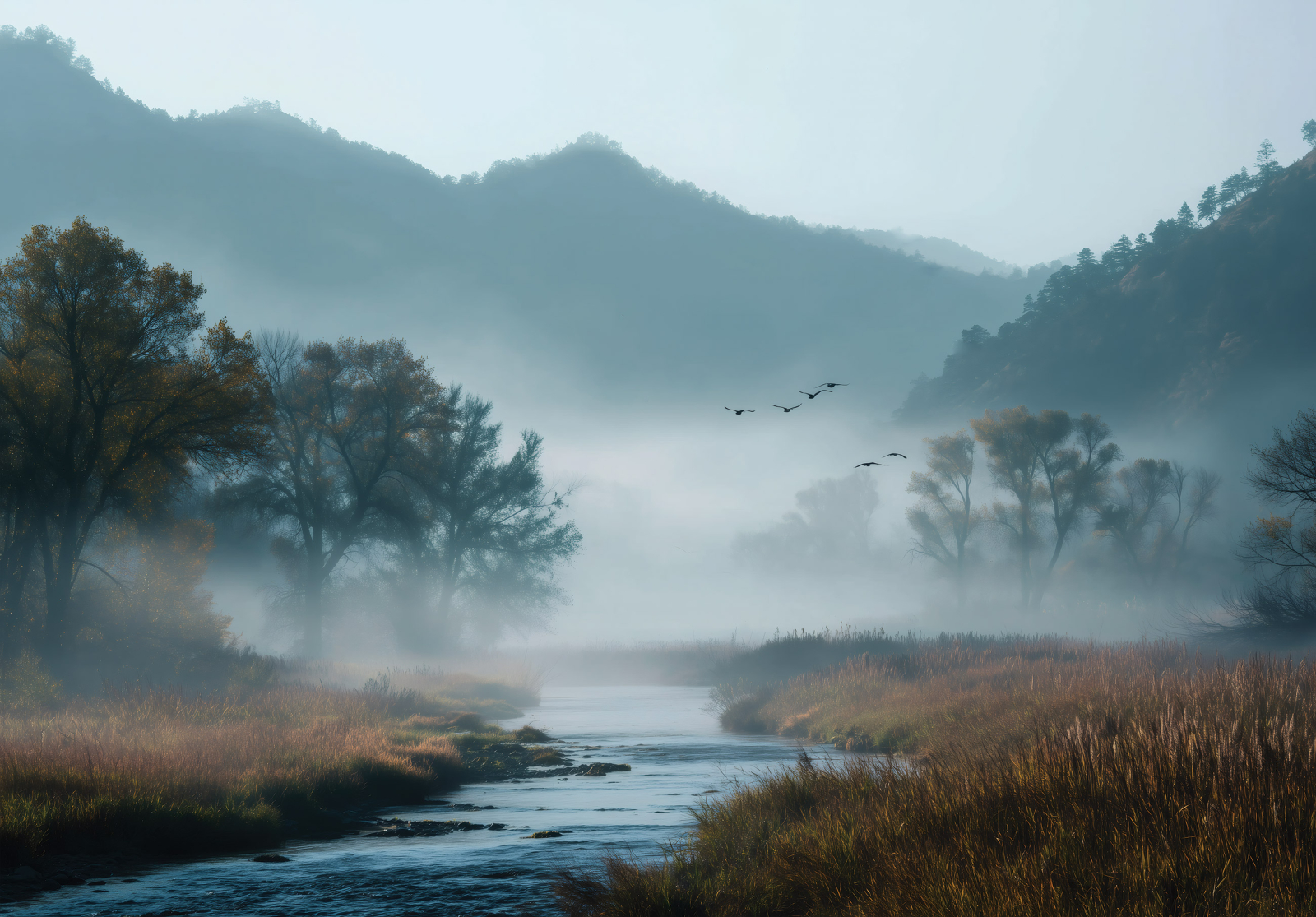 Фототапет Мъглива долина с река и птици – спокойствие и дълбочина