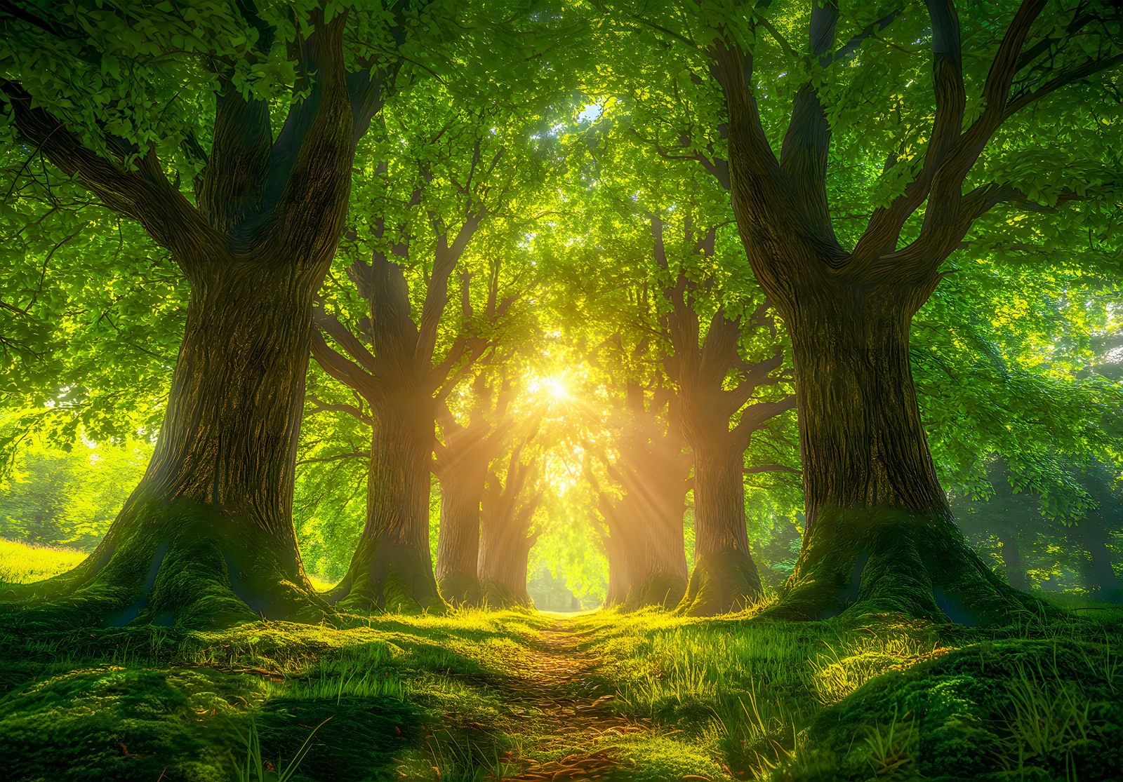 Фототапет Горска алея със слънчеви лъчи – светлина, живот и хармония