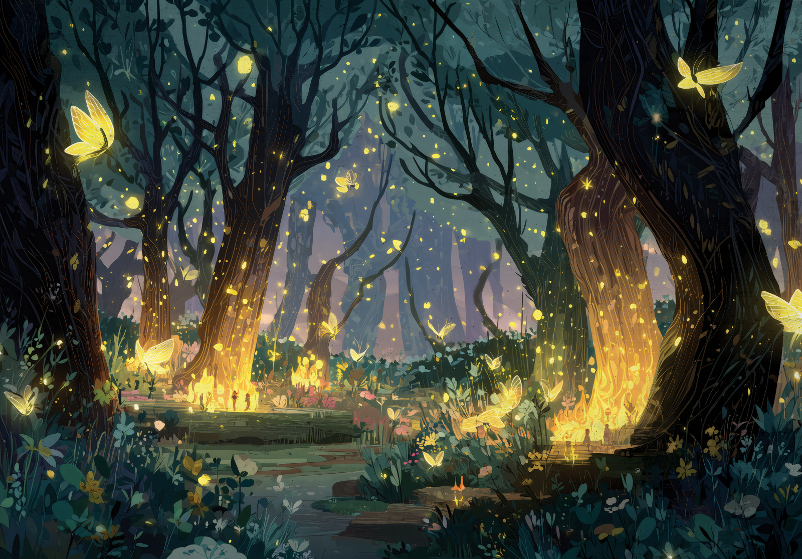 Фототапет Магическа гора със светещи пеперуди – вълшебство и уют