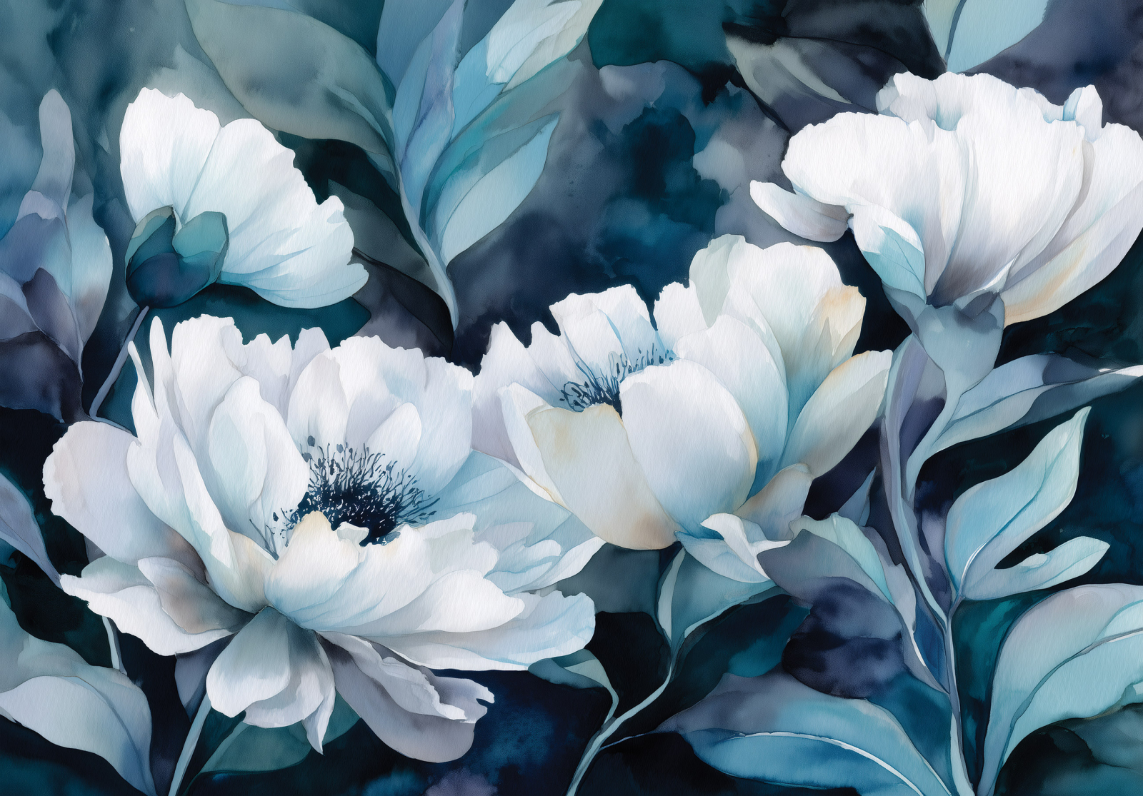 Фототапет Бели акварелни цветя върху тъмен фон – елегантна флорална композиция