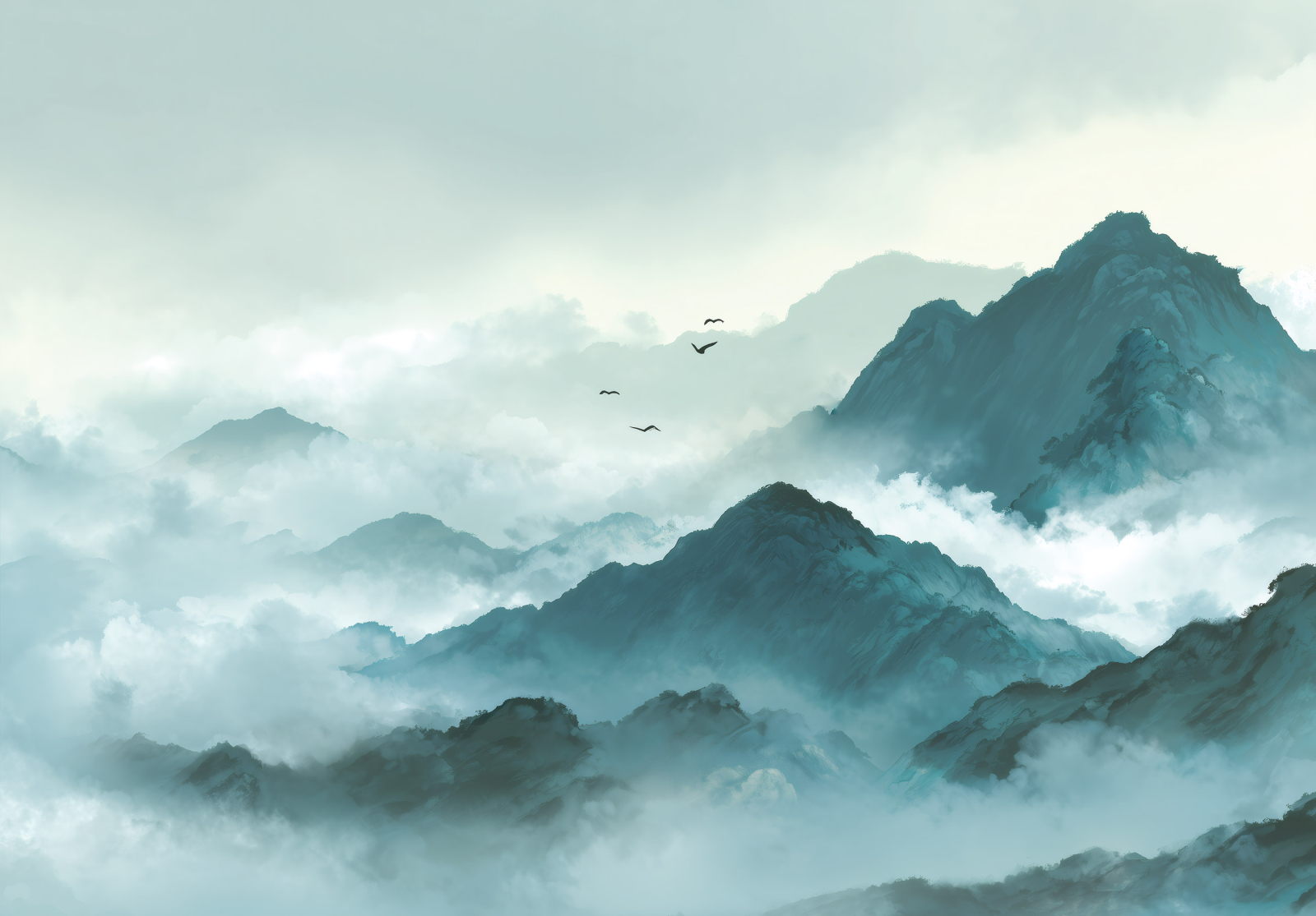 Фототапет Мъглива гора над езеро – акварелна атмосфера и дълбоко спокойствие