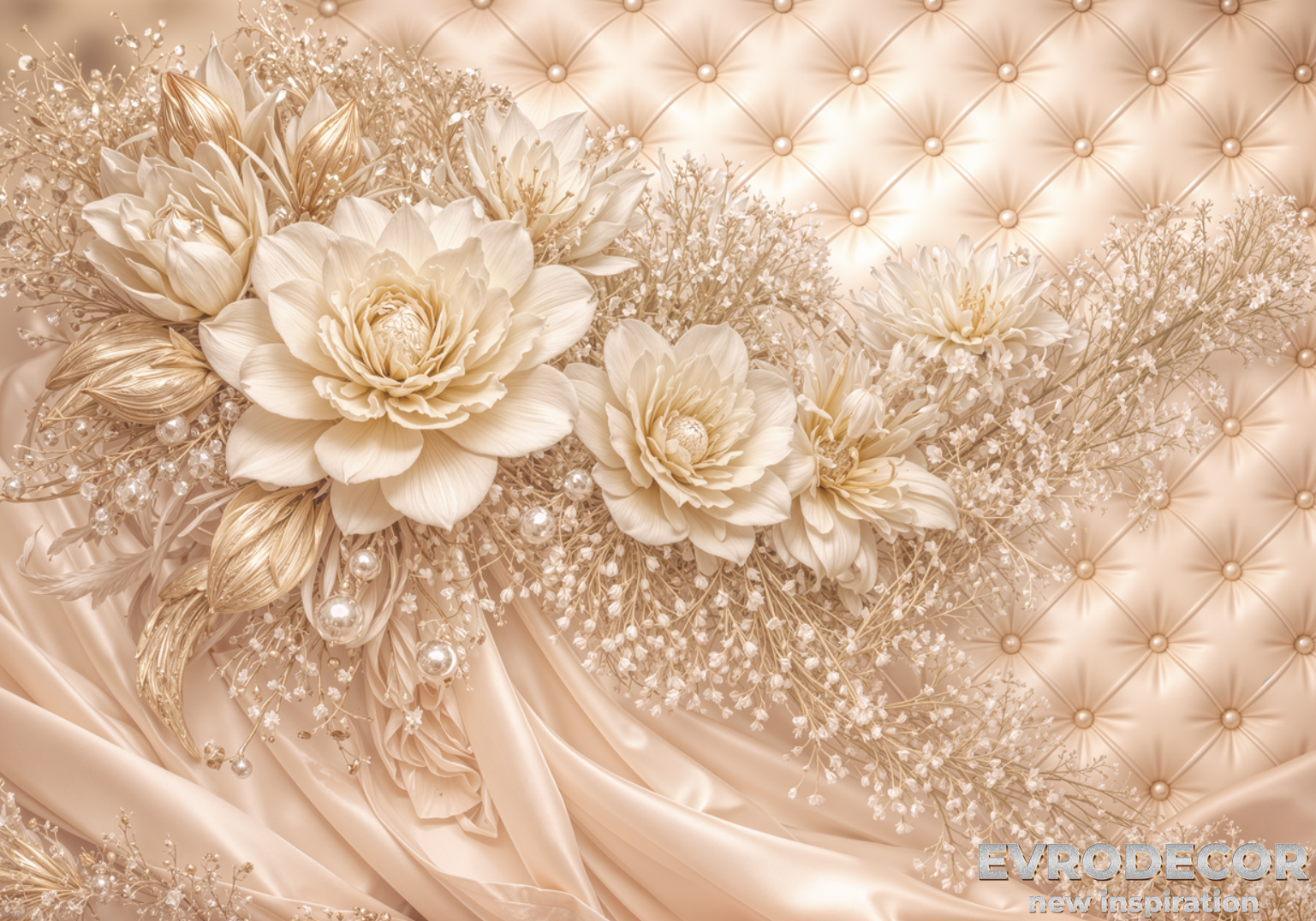 Луксозен фототапет с кремави цветя, перли и капитониран ефект