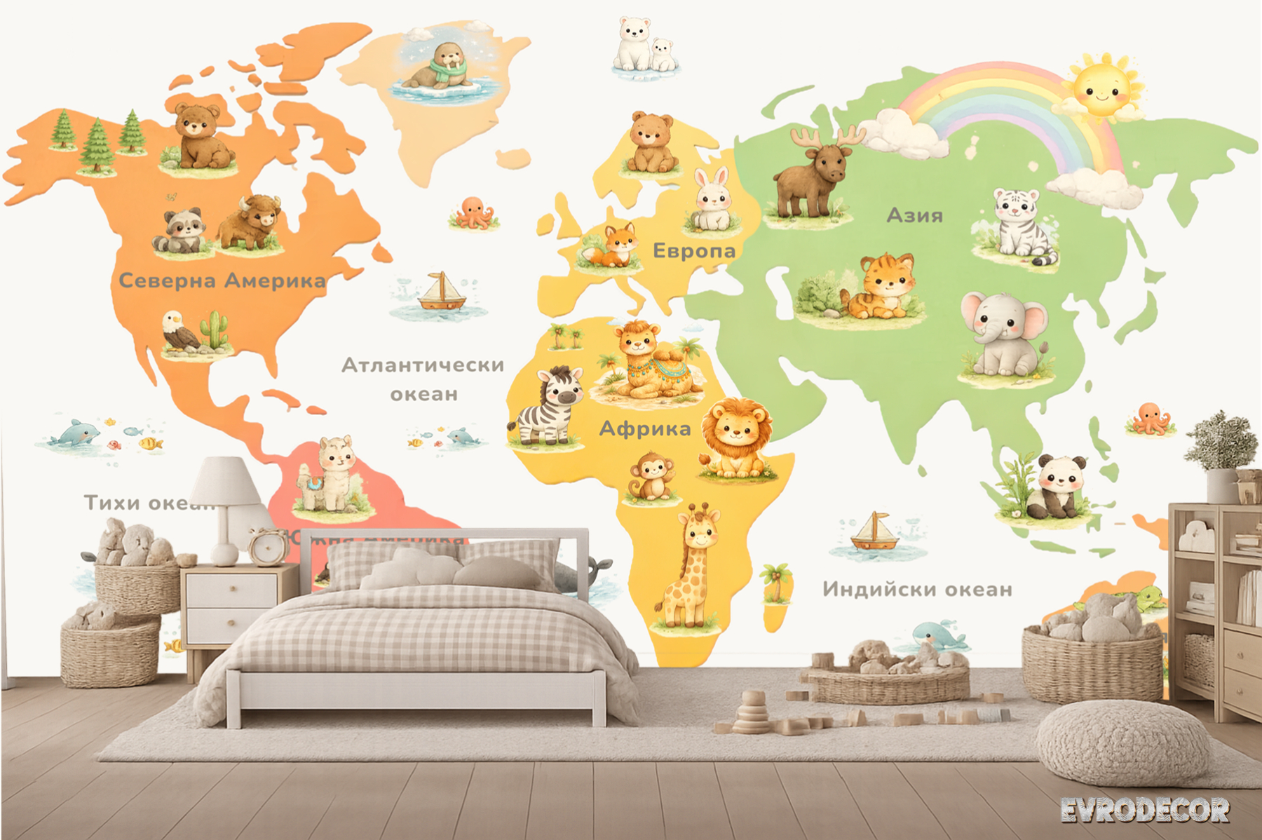 Детски  флис фототапет  Карта на света с животни