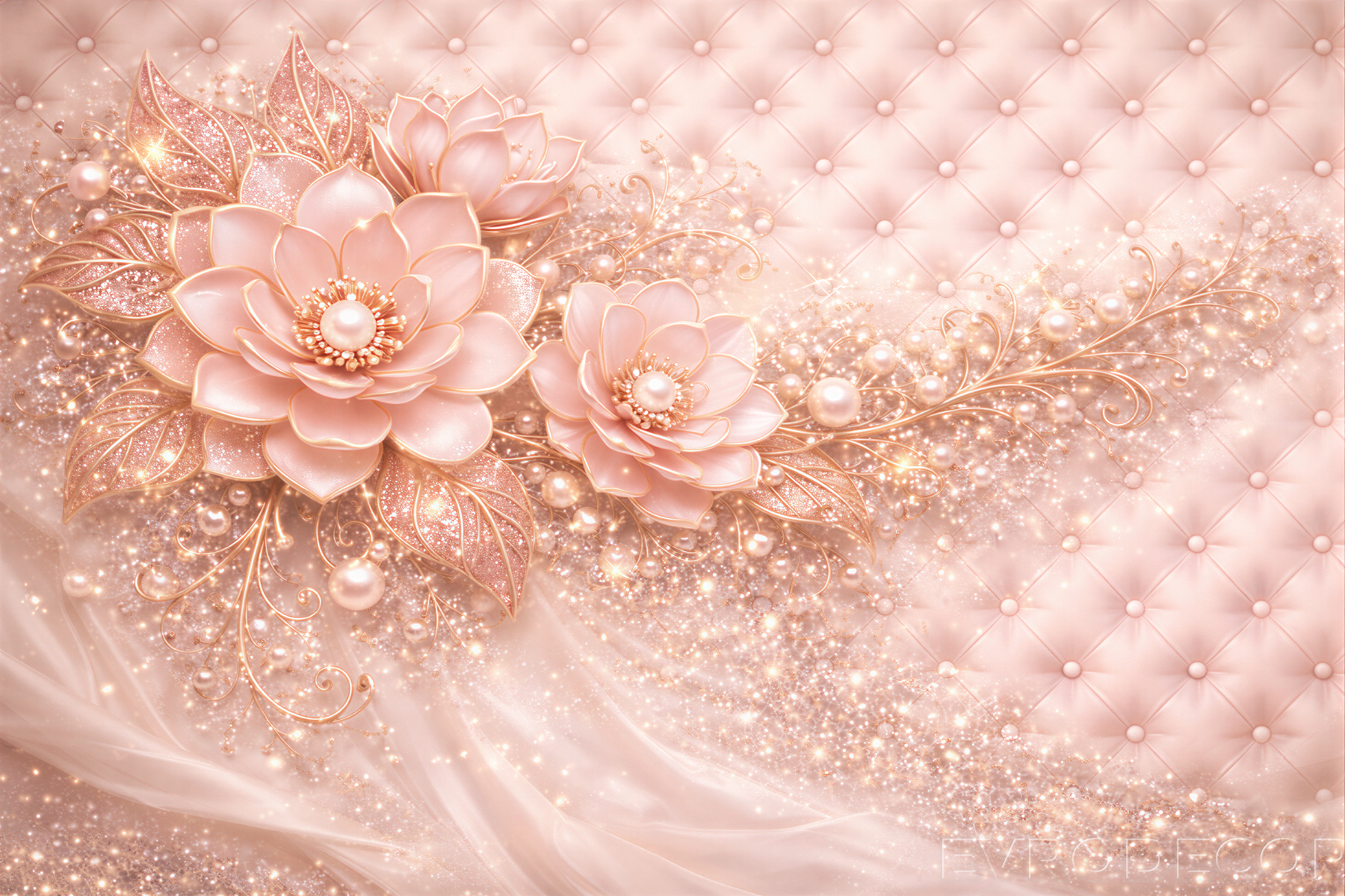 Луксозен фототапет с розово-златни цветя и перлен блясък