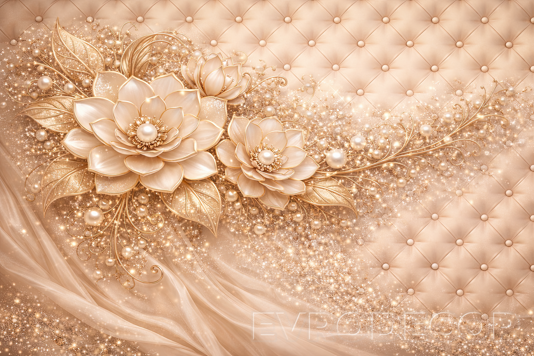 Луксозен златен фототапет с цветя, перли и капитониран фон