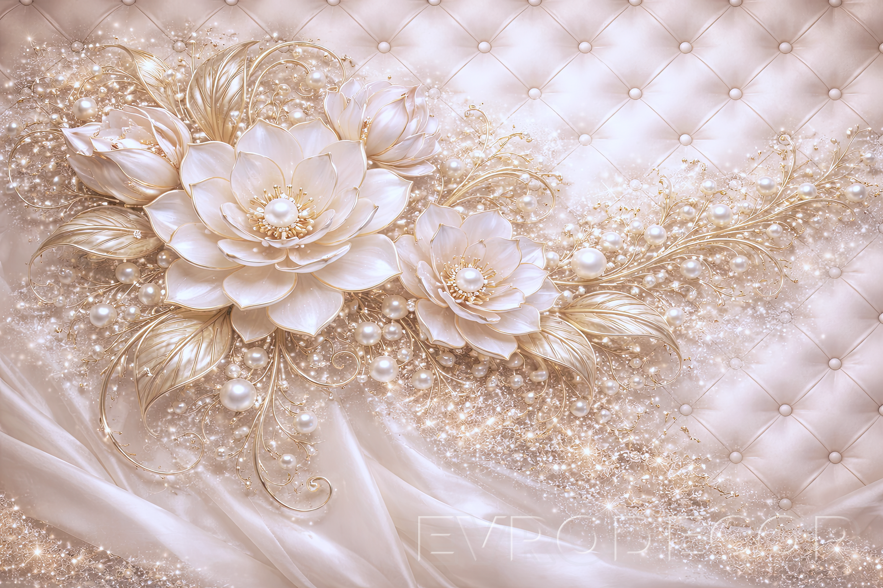 Луксозен фототапет с бели цветя, златни елементи и перли