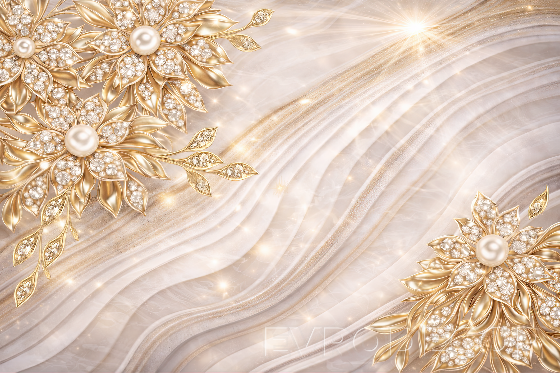 Луксозен фототапет със златни орнаменти, перли и абстрактни вълни