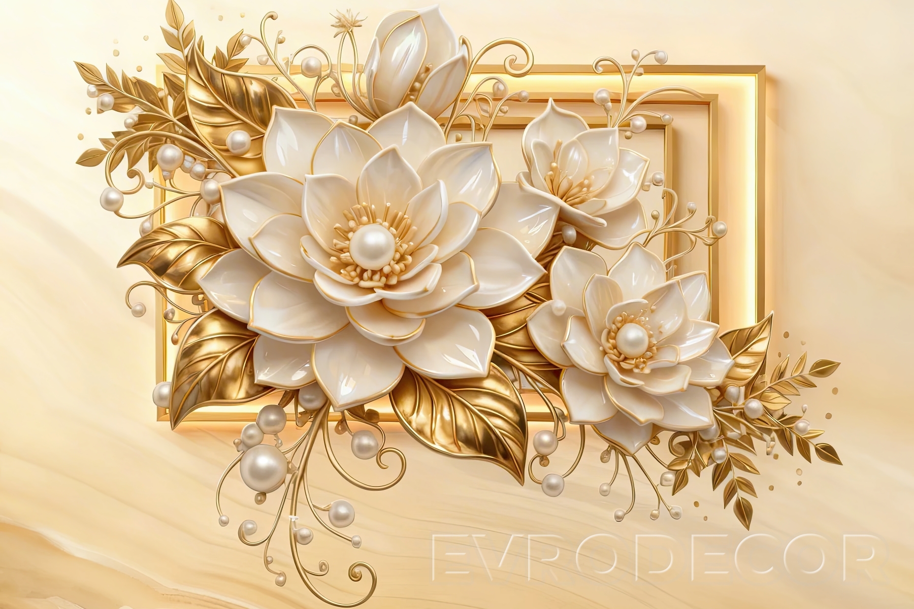 Луксозен фототапет със златна рамка, цветя и перли