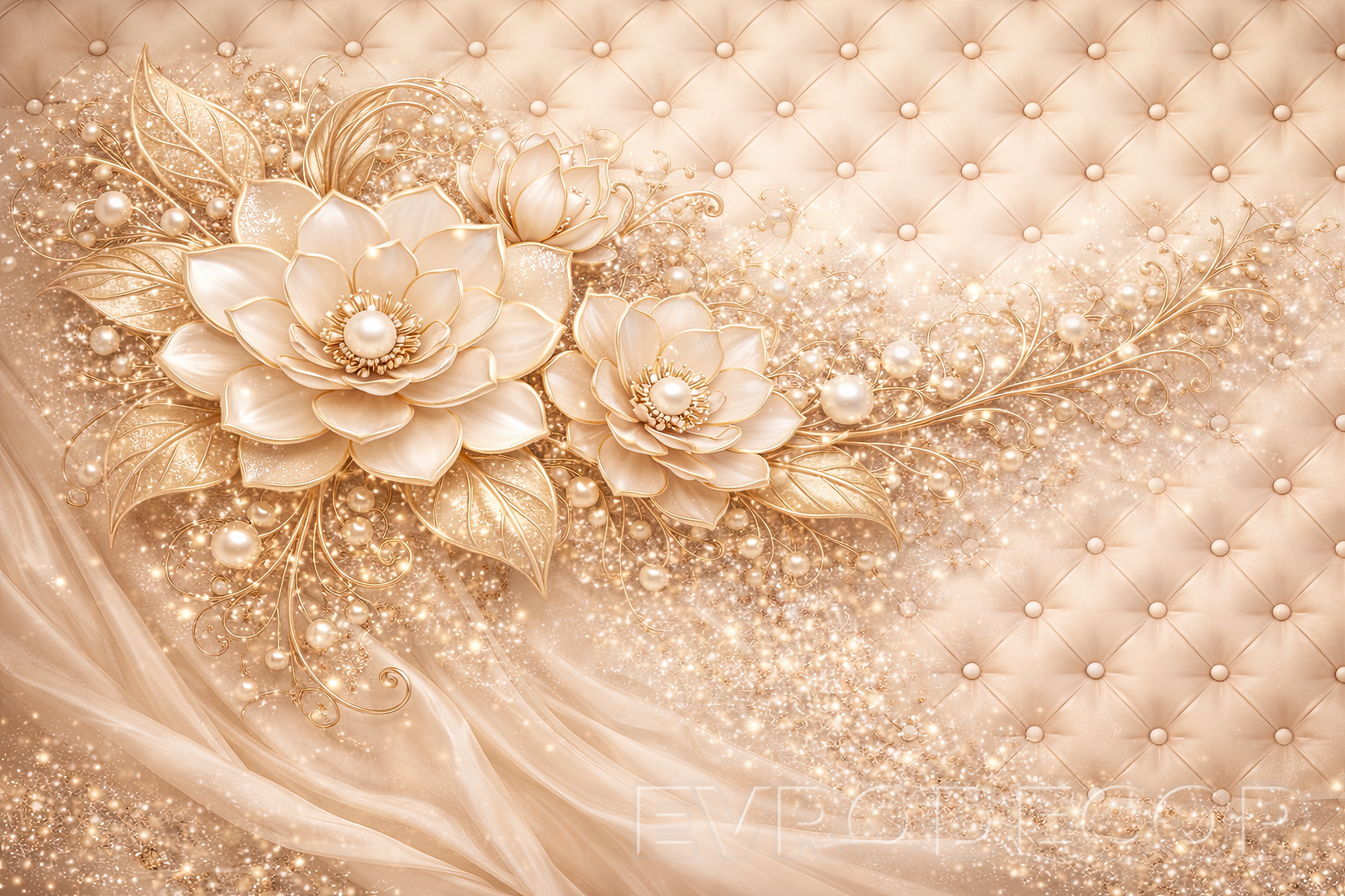 Луксозен фототапет със златни цветя, перли и капитониран фон