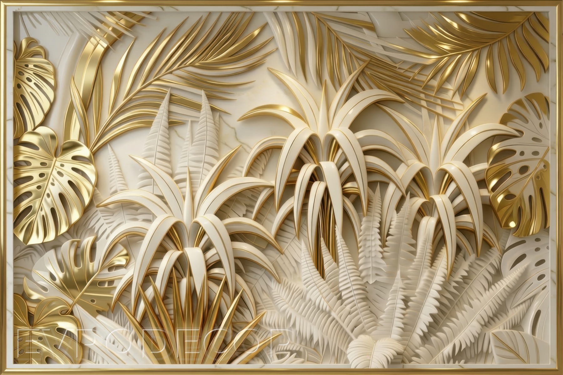 Луксозен фототапет пано със златни тропически листа и 3D релеф
