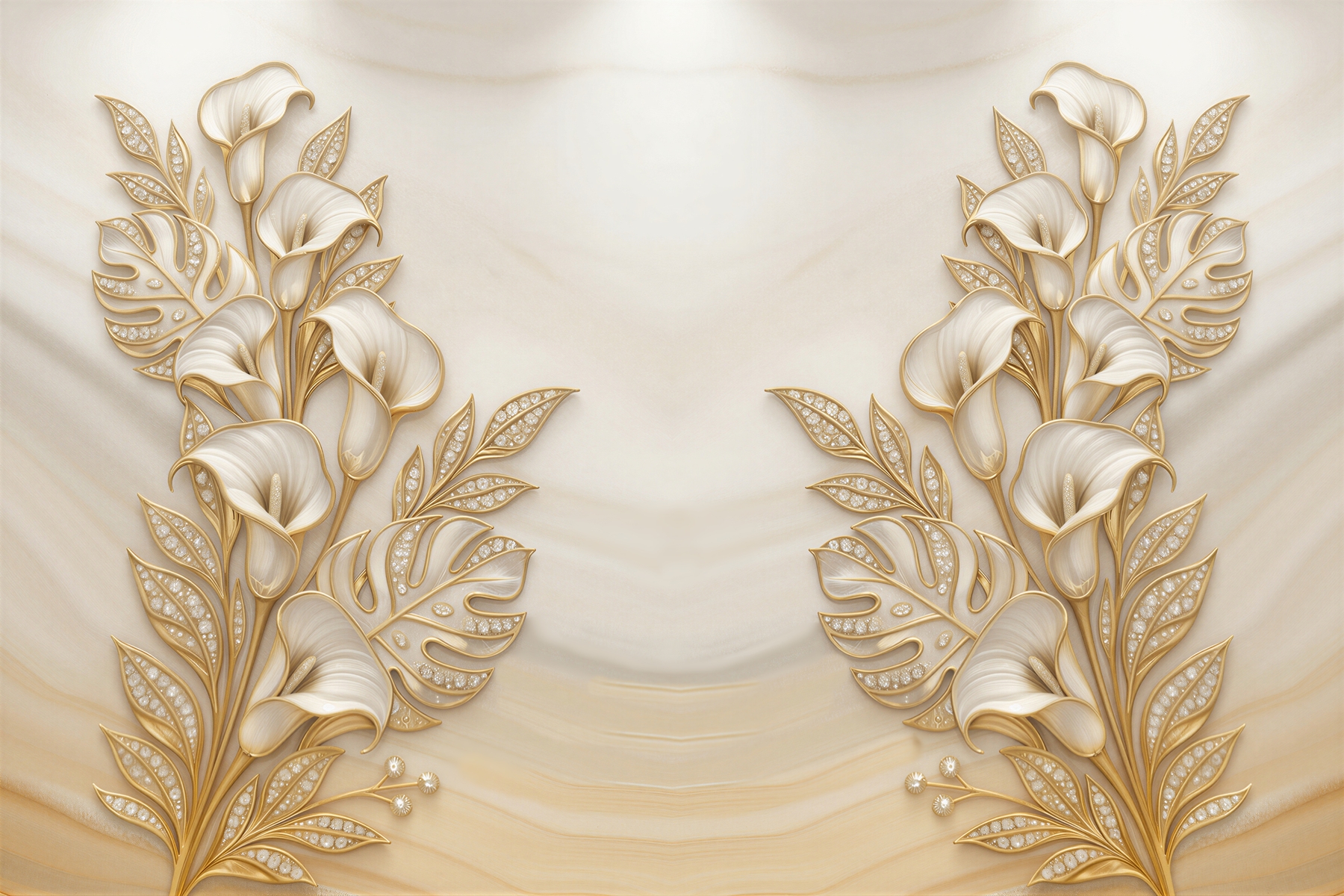 Луксозен фототапет със златни тропически листа и 3D релеф