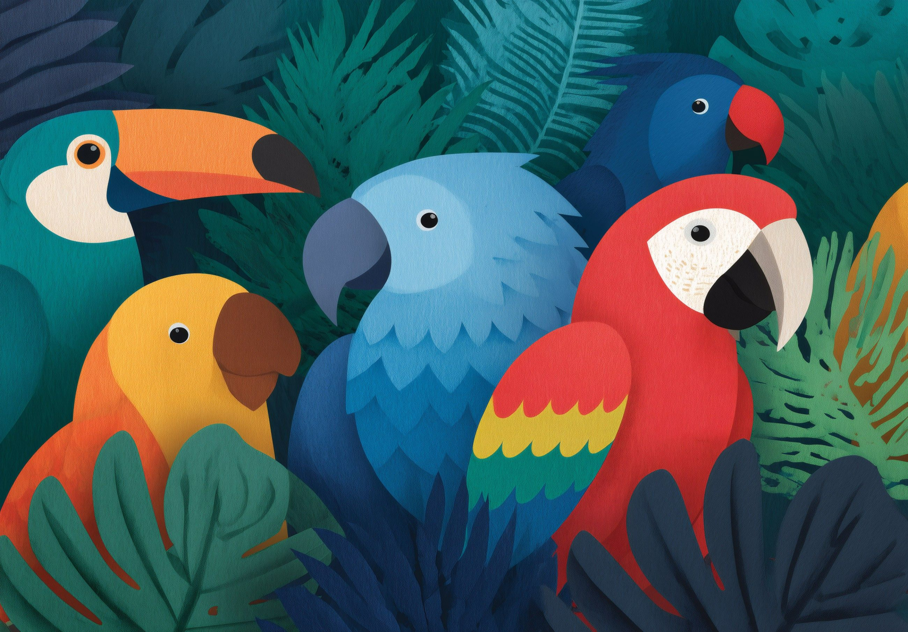 Фототапет Тропически папагали – илюстративен стил
