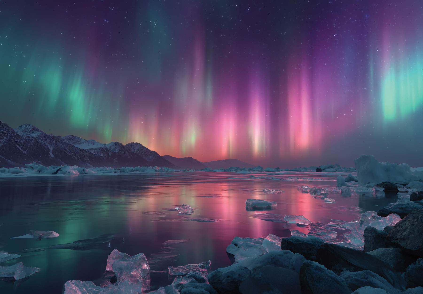 Фототапет Северно сияние над ледено езеро – пейзажен стил