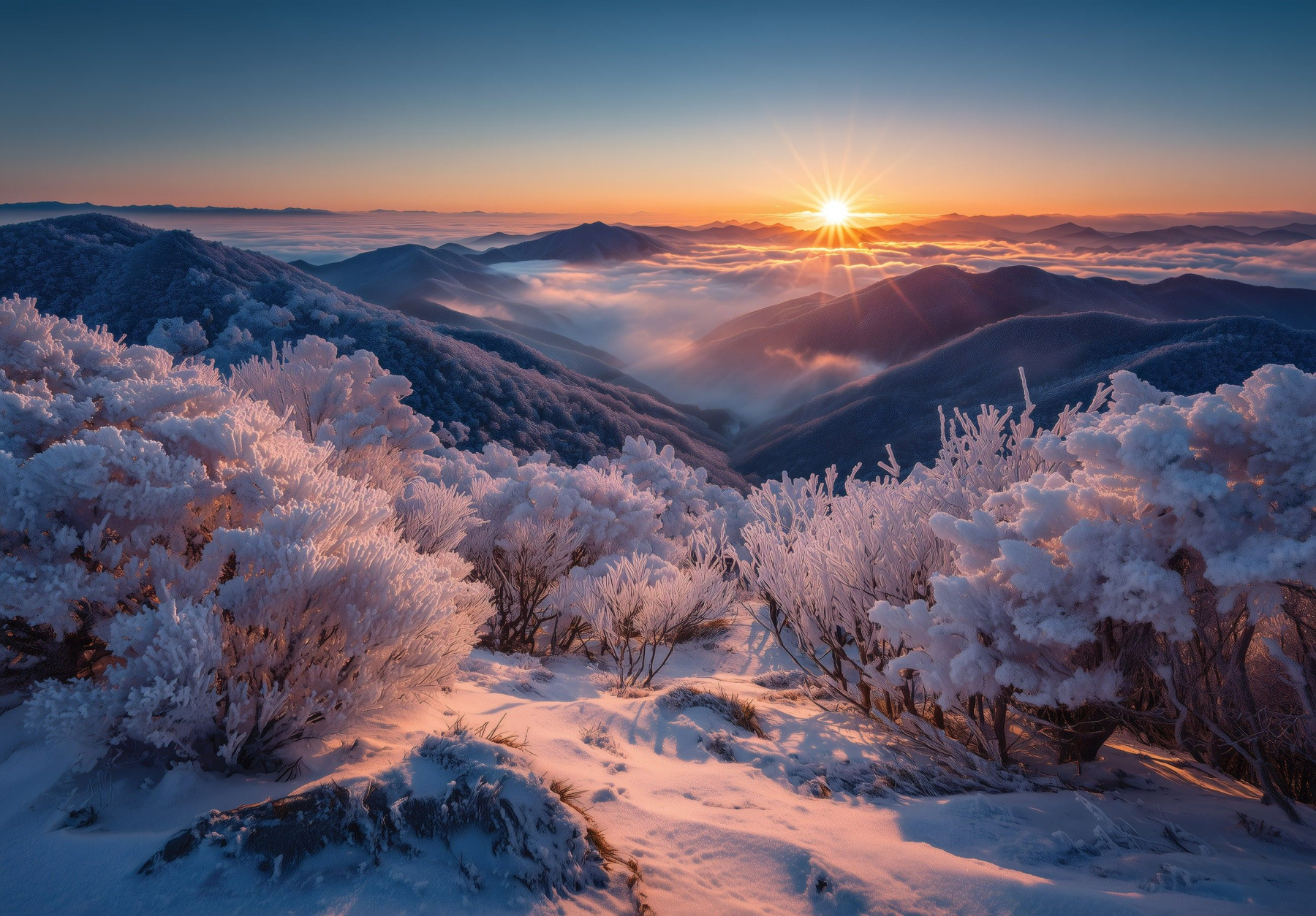 Фототапет Зимен изгрев над планини 