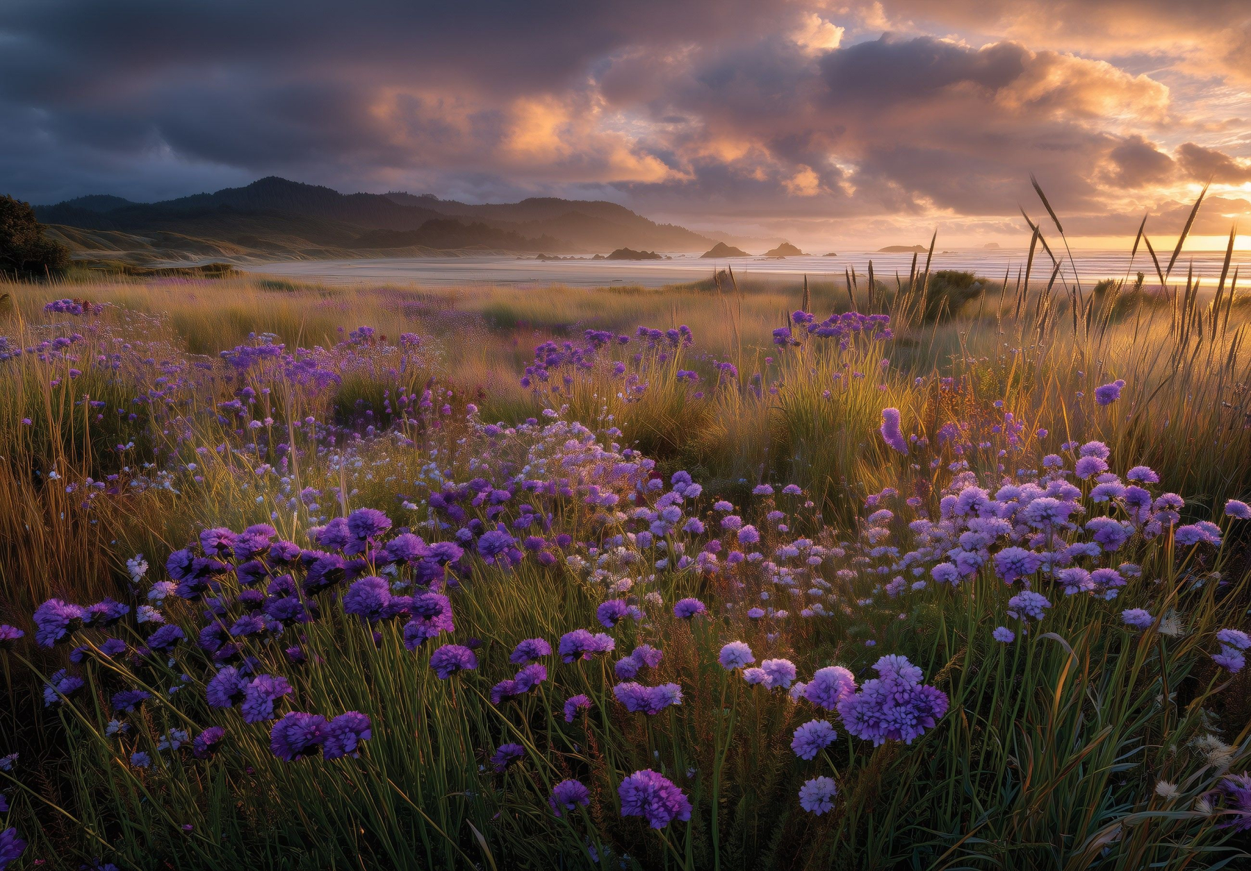 Фототапет Лилави цветя край морето – природен пейзаж