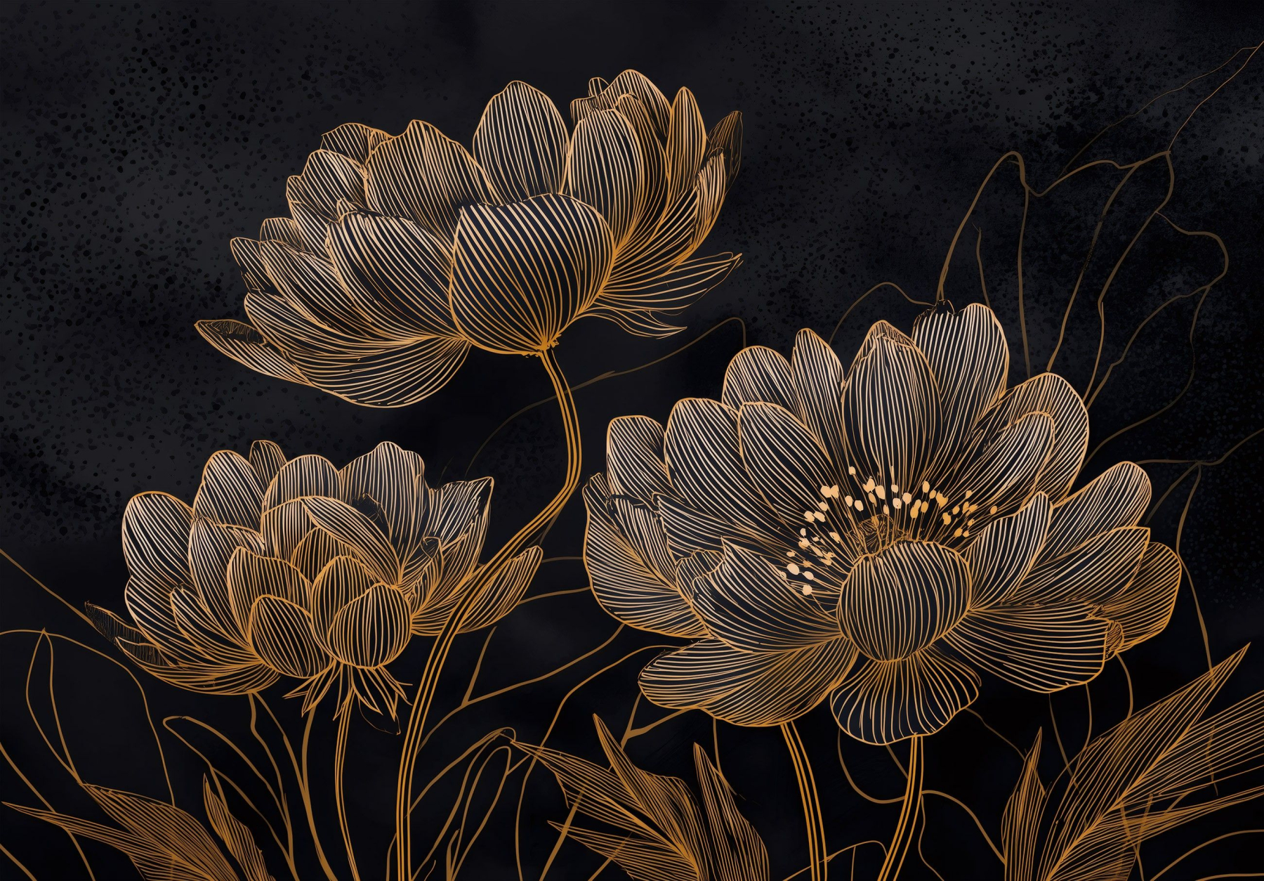 Фототапет Златни цветя върху тъмен фон – декоративна графика