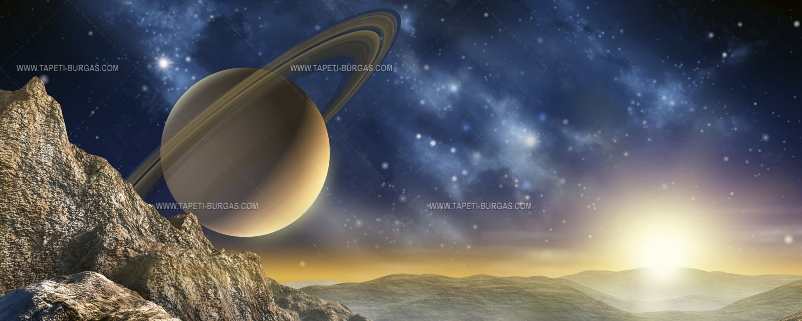 Фототапет COSMOS Сатурн над извънземен пейзаж – панорама