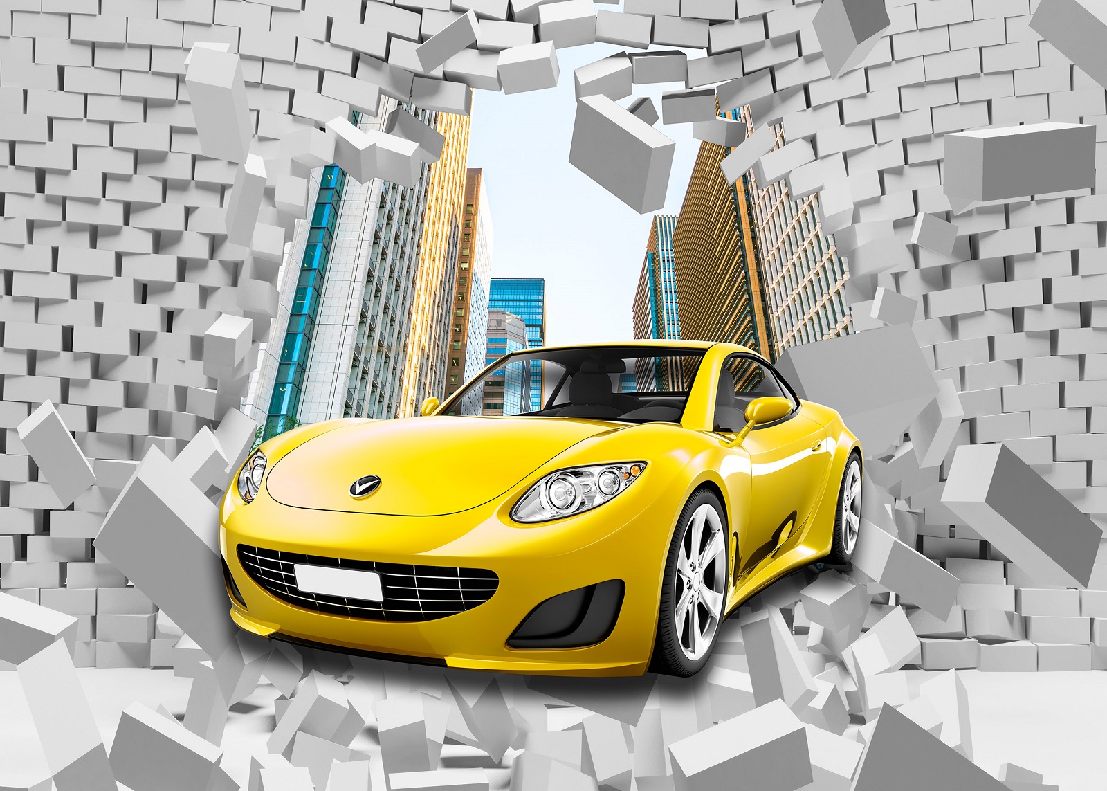 Флис Фототапет 3D разбита тухлена стена, жълта кола