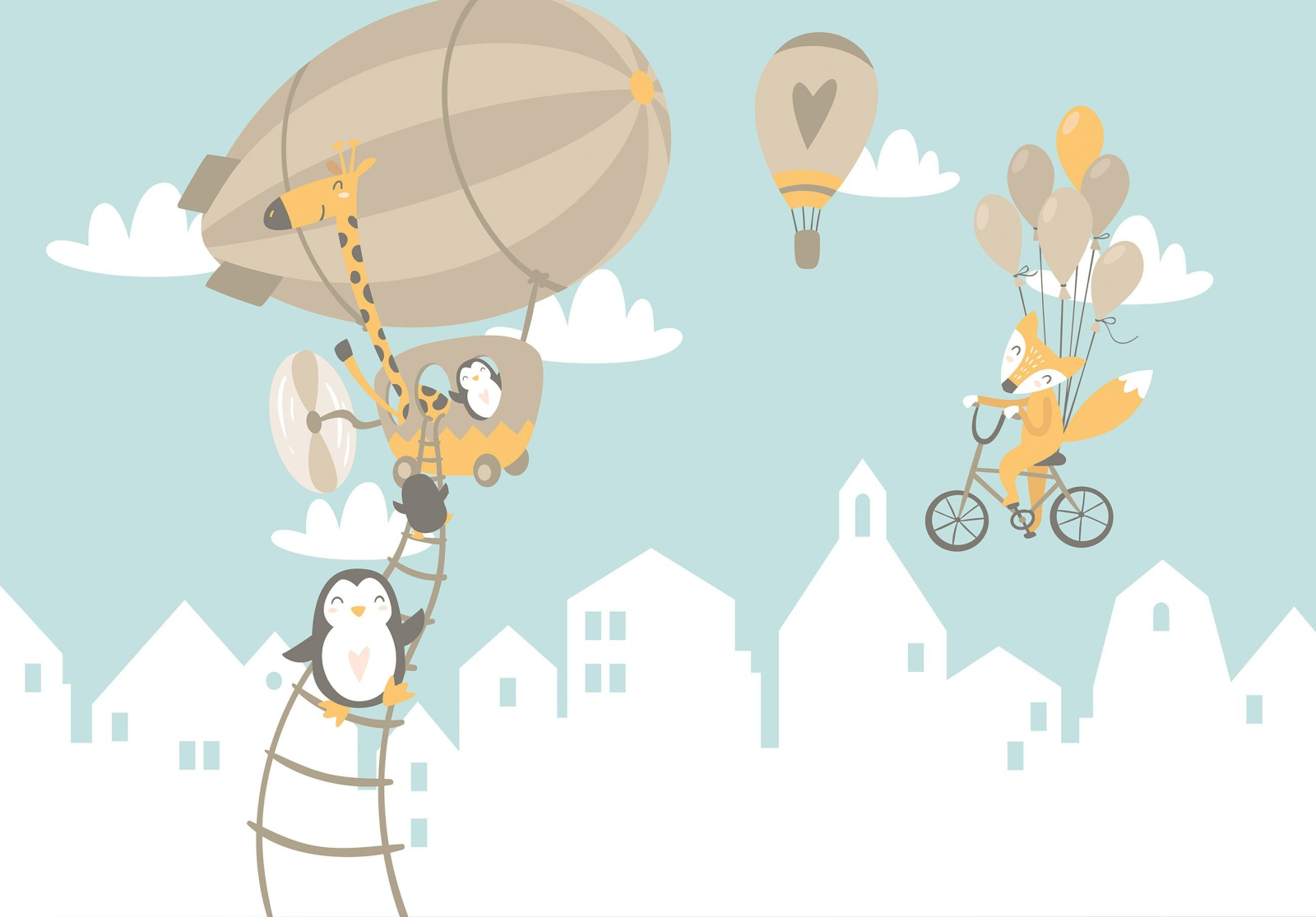 Фототапет Животни с балон над град за детска стая