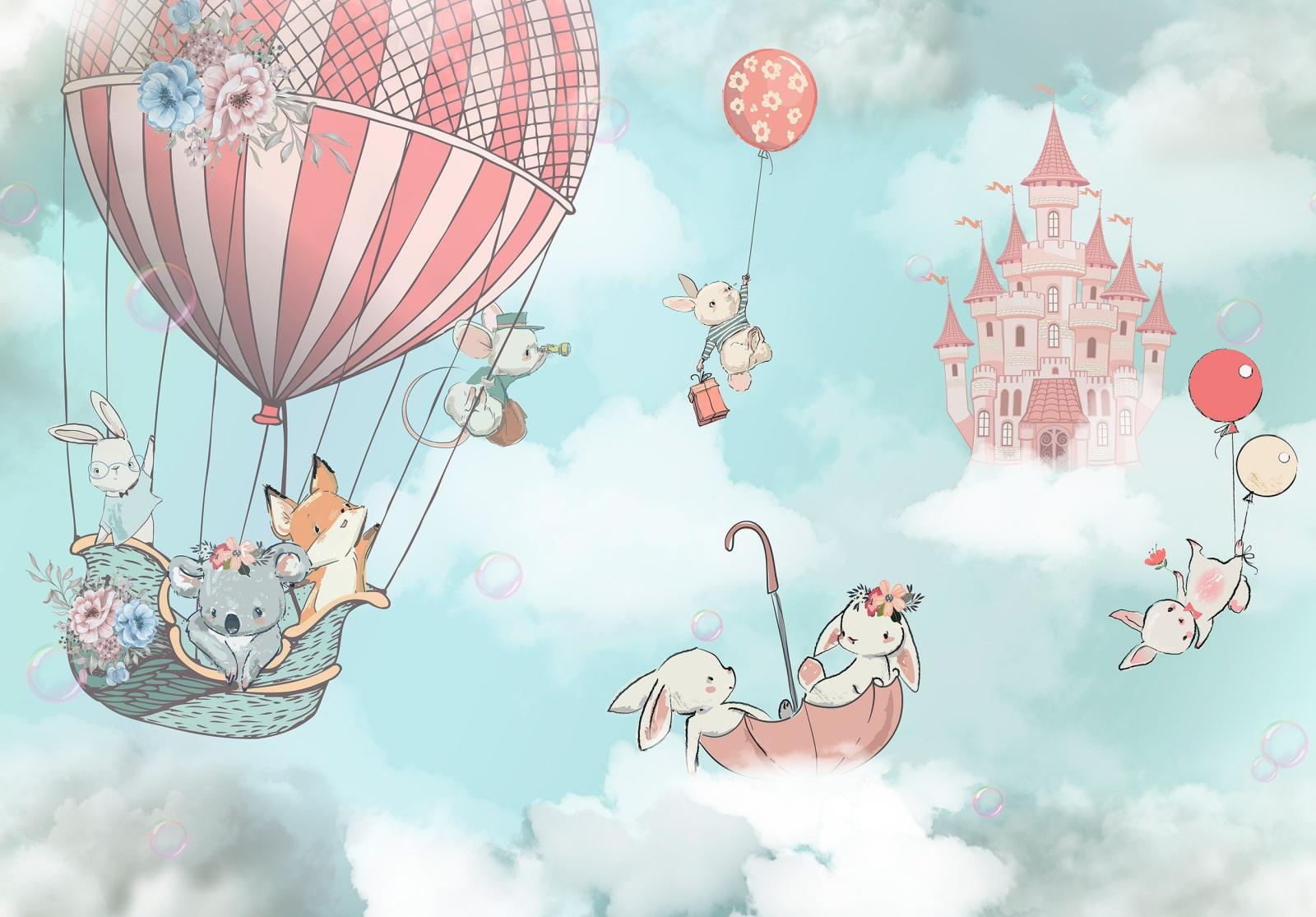 Фототапет Приказно пътешествие с балон и замък за детска стая