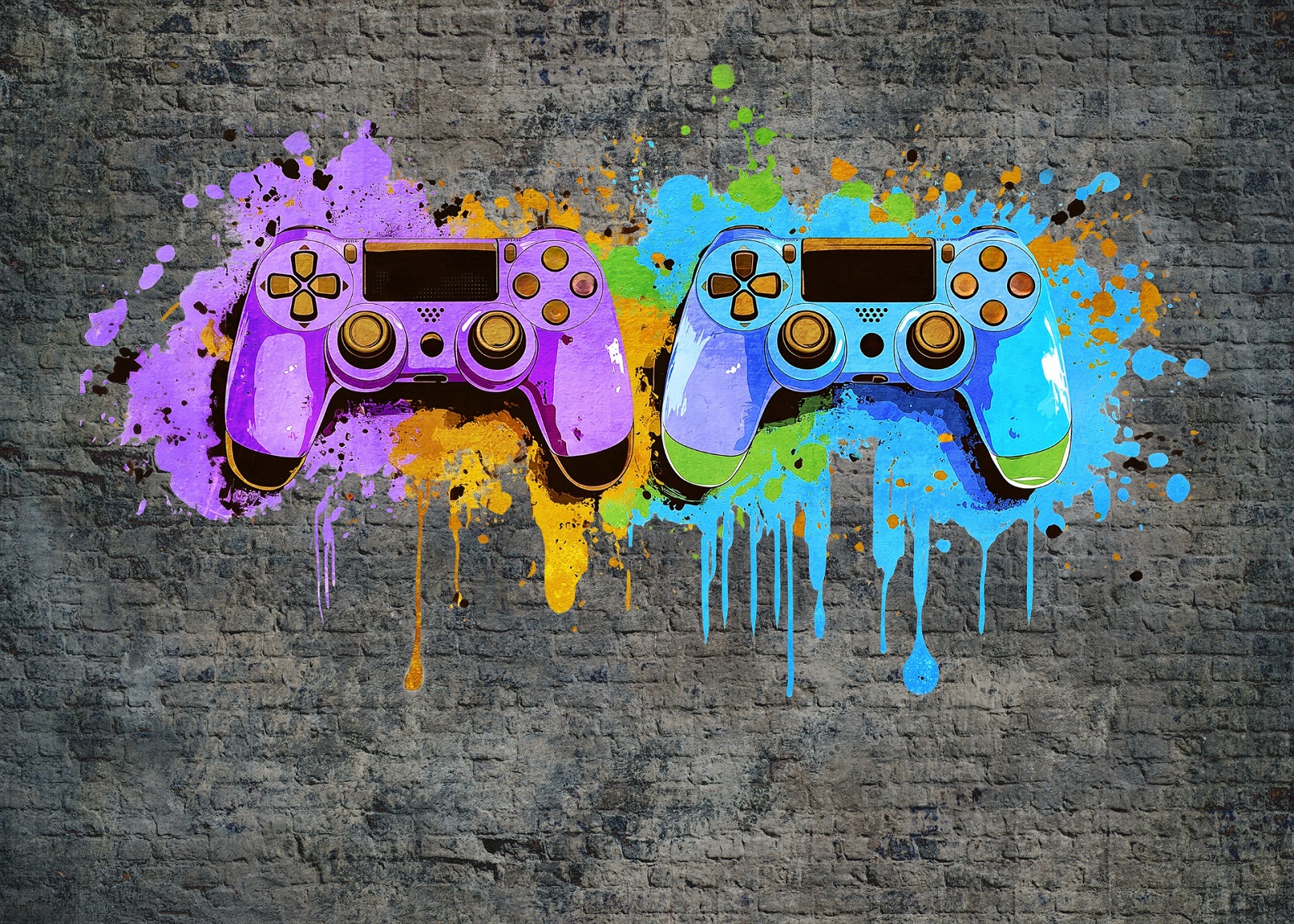 Фототапет Цветни геймърски контролери върху тухлена стена – графити стил