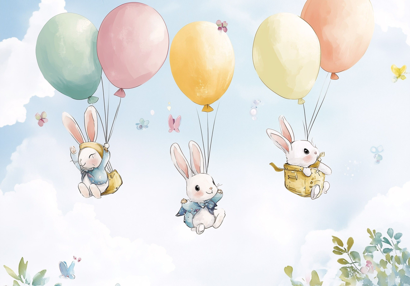 Фототапет Зайчета с балони в небето за бебешка и детска стая