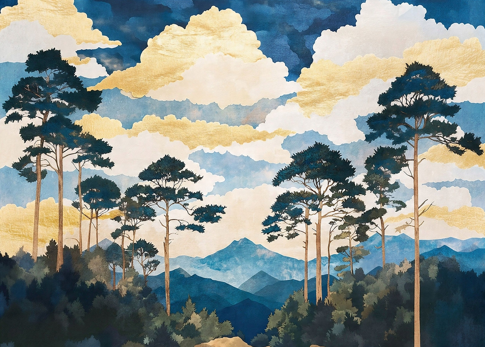 Флис Фототапет   Дървета, гора, пейзаж- рисунка