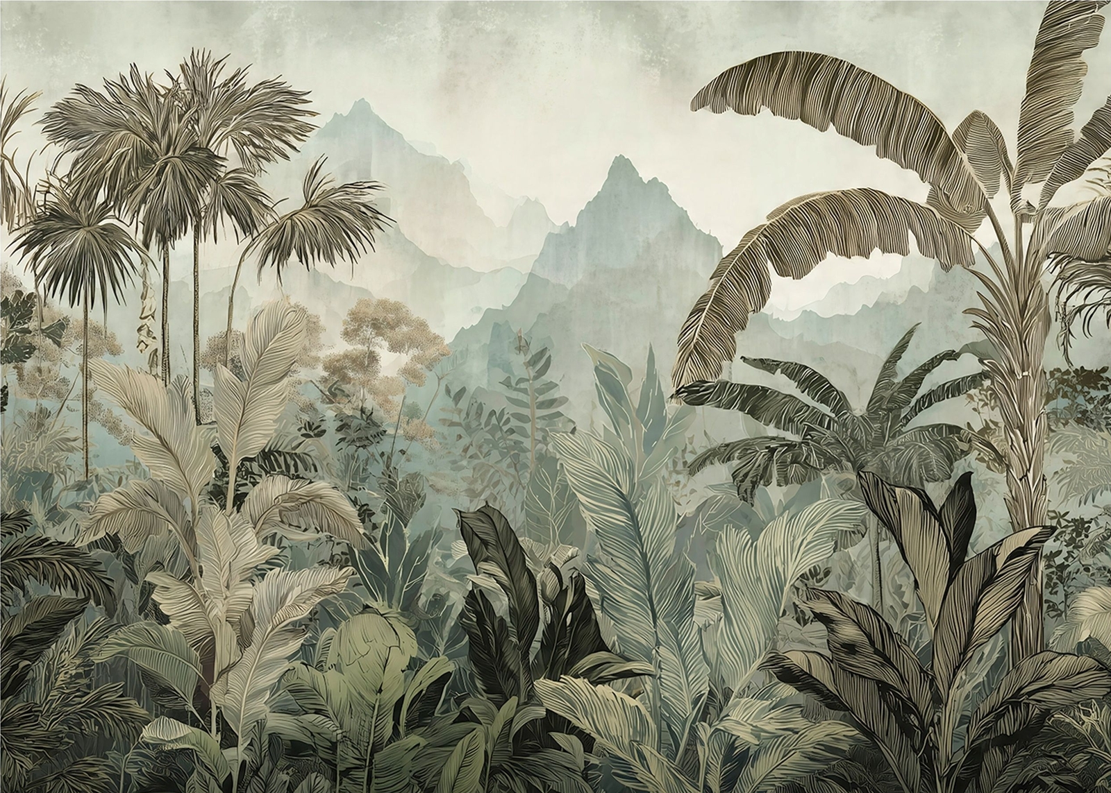 Флис Фототапет Цветя, листа, гора, тропически, рисувани, винтидж стил