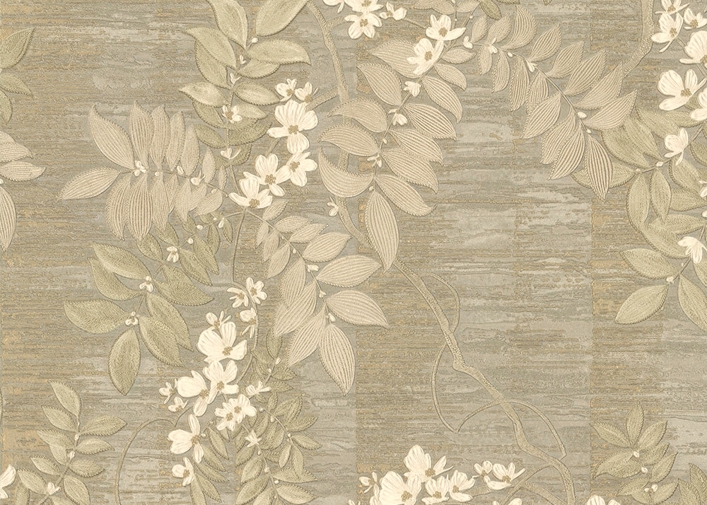 Тапет тежък винил на флис основа, Бродирани цветя, таупе и златна патина