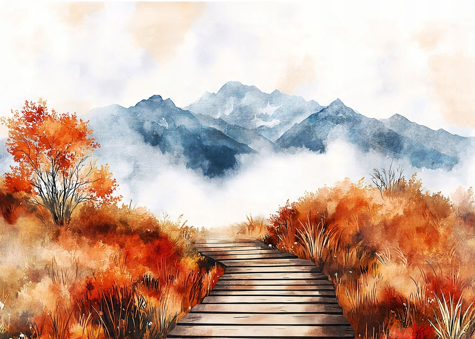 Флис Фототапет Планина, дървета, гора, пейзаж- рисунка