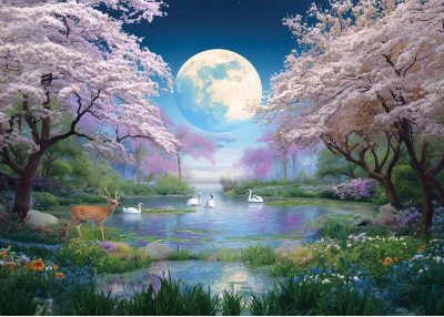 Флис Фототапет Пролетен пейзаж при пълнолуние, акварел