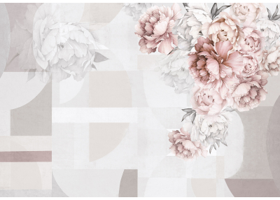Нежен фототапет с пудрено-розови цветя и геометричен фон