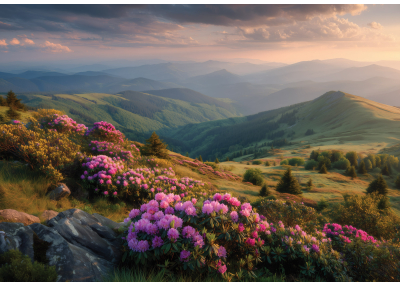 Фототапет Планинска пролет – цъфтящи рододендрони и златна светлина