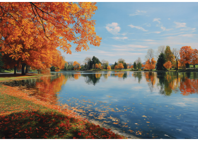 Фототапет Есенен парк край езеро – златни листа и тиха хармония