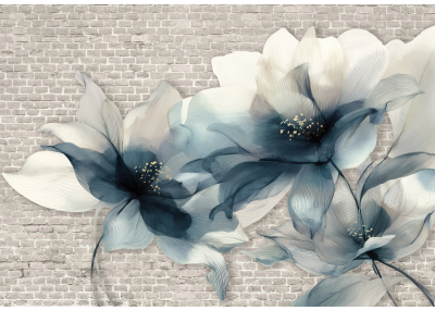 Фототапет Нежни абстрактни цветя в синьо и бежово – модерен лукс
