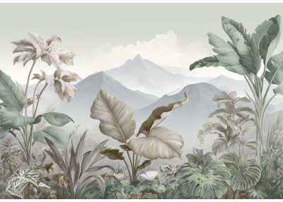 Фототапет Тропическа ботаника с планини в нежни пастелни тонове