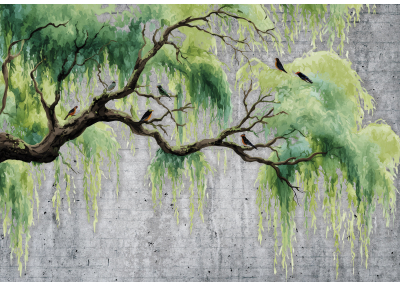 Фототапет Акварелна върба с птици върху текстура бетон – артистична природа