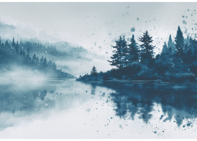 Фототапет Мъглива гора над езеро – акварелна атмосфера и дълбоко спокойствие