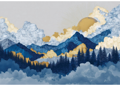 Фототапет Златно слънце над планините – артистичен модерен пейзаж