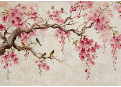Фототапет Цъфнала вишна и птици – нежна хармония и изящество