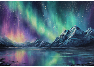 Фототапет Северно сияние над планини – магия, дълбочина и космическа атмосфера
