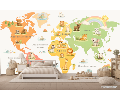 Детски  флис фототапет  Карта на света с животни