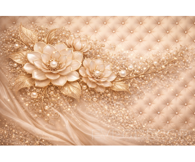 Луксозен златен фототапет с цветя, перли и капитониран фон