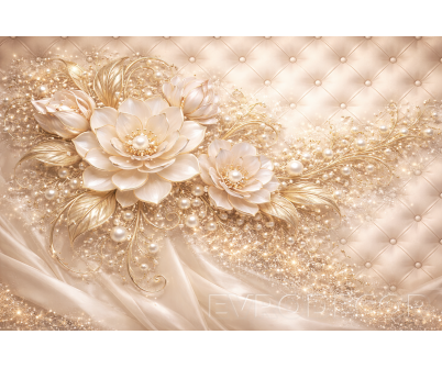 Луксозен фототапет в шампанско злато с цветя и перлени орнаменти